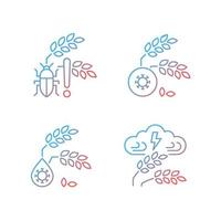 Crop loss reasons gradient linear vector icons set. Pests danger. Unsafe water. Adverse weather and climate changes. Thin line contour symbols bundle. Isolated outline illustrations collection