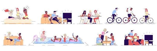 Friends having fun flat vector illustrations set. Young people relaxing in cafe, swimming pool, watching TV. Cyclists on bicycles isolated cartoon characters with outline elements