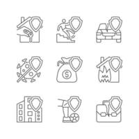 Accidents insurance policies linear icons set. Insurance case coverage. Safety policy for customer. Customer safety. Customizable thin line contour symbols. Isolated vector outline illustrations