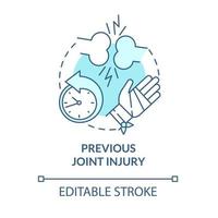 Previous joint injury blue concept icon. Arthritis risk factor abstract idea thin line illustration. Bones trauma can lead to disease. Vector isolated outline color drawing. Editable stroke