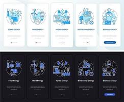 Renewable energy onboarding mobile app page screen. Power walkthrough 5 steps graphic instructions with linear concepts. UI, UX, GUI template. Night and day mode. Myriad Pro-Bold, Regular fonts used vector