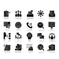 Survey methods drop shadow black glyph icons set. Interview. Online, telephone poll. Rating. Public opinion. Customer review. Feedback. Evaluation. Data collection. Isolated vector illustrations