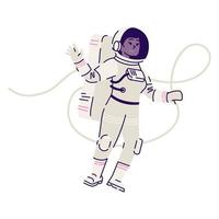 Female cosmonaut in spacesuit floating flat vector illustration. Astronaut, space explorer in spacesuit flying in zero gravity and waving isolated cartoon character on white background. Cosmic mission