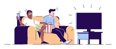 Roommates watching TV flat vector illustration. Male friends relaxing, eating popcorn. Young men in 3d glasses enjoy movie isolated cartoon characters with outline elements on white background..