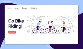 Bike riding landing page vector templates set. Outline cyclists website interface idea with flat illustrations. Outdoor activities homepage layout. Cycling sport web banner, webpage cartoon concept