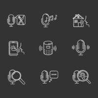 Voice control system chalk icons set. Sound requests idea. Different microphones. Music recognition, sound record. Virtual asisstance, standart voice commands. Isolated vector chalkboard illustrations