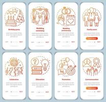 Special event management onboarding mobile app page screen with linear concepts. Party planner. Holiday celebration walkthrough graphic instructions. UX, UI, GUI vector templates set with illustration