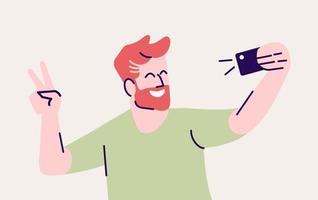 selfie pose ilustración vectorial plana. hombre feliz haciéndose una foto. chico sonriente que muestra el signo v para el retrato en la cámara del teléfono inteligente. fotografía de teléfono móvil personaje de dibujos animados aislado sobre fondo gris vector