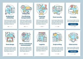 Event management and planning service onboarding mobile app page screen with linear concepts. Special events industry walkthrough graphic instructions. UX, UI, GUI templates set with illustrations vector