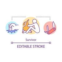 Survivor concept icon. Remaining alive idea thin line illustration. Rest near bonfire. Travelling in extreme conditions. Adventurous traveler. Vector isolated outline drawing. Editable stroke