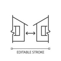 distancia mínima entre edificios icono lineal. Reglamento para la habitación humana. casas de apartamentos ilustración personalizable de línea delgada. símbolo de contorno dibujo de contorno aislado vectorial. trazo editable vector