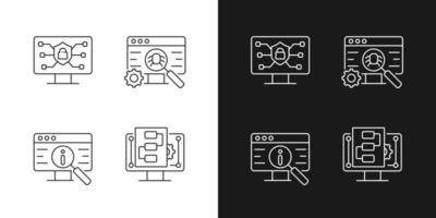 Use of digital technologies linear icons set for dark and light mode. Staying safe online. Software testing. Customizable thin line symbols. Isolated vector outline illustrations. Editable stroke