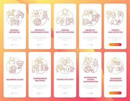 ADHD diagnosis test onboarding mobile app page screen set. Impulsive behavior signs walkthrough 5 steps graphic instructions with concepts. UI, UX, GUI vector template with linear color illustrations