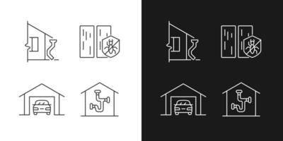 iconos lineales de construcción residencial establecidos para modo oscuro y claro. sistema de drenaje del techo. protección contra termitas. símbolos de línea fina personalizables. ilustraciones aisladas de contorno vectorial. trazo editable vector