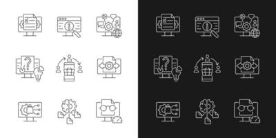 Digital literacy skills linear icons set for dark and light mode. Manage digital content. Computer algorithms. Customizable thin line symbols. Isolated vector outline illustrations. Editable stroke