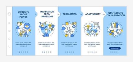 Social entrepreneurship characteristics onboarding vector template. Responsive mobile website with icons. Web page walkthrough 5 step screens. Social business color concept with linear illustrations