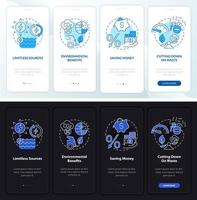 Clean energy onboarding mobile app page screen. Nature walkthrough 4 steps graphic instructions with linear concepts. UI, UX, GUI template. Night and day mode. Myriad Pro-Bold, Regular fonts used vector