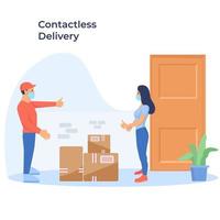 Contactless delivery concept illustration. Vector scene with courier delivering box and woman in protective masks with safe distance to protect form covid-19 or coronavirus