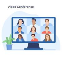 Stay and work from home. Video conference illustration. Workplace, laptop screen, group of people talking by internet. Stream, web chatting, online meeting friends. Coronavirus, quarantine isolation. vector