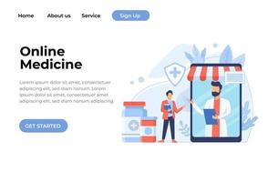 Online pharmacy site design concept. Flat modern vector illustration for web site design, banner, landing page. Buy medicaments and drugs online. E-commerce site design