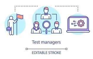 Test managers concept icon. Control and supervision idea thin line illustration. Software testing process. Indicating issues and problems. Vector isolated outline drawing. Editable strokee