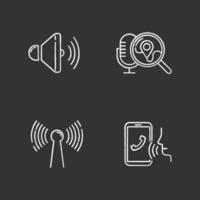 Voice control apps chalk icons set. Mobile voice commands idea. Sound recorder, search request. Innovative wireless technology. Speech recognition.Isolated vector chalkboard illustrations