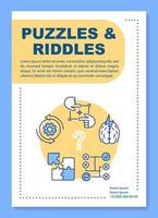 Puzzles and riddles poster template layout. Escape room banner, booklet, leaflet print design with linear icons. Strategy reality game vector brochure page layout for magazines, advertising flyers