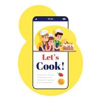 Lets cook smartphone app screen. Mobile phone display with cartoon characters design mockup. Culinary school for kids application telephone interface vector