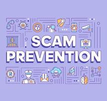 Scam prevention word concepts banner. Fraud protection presentation, website. Criminal liability. Stopping illegal actions. Isolated lettering idea with linear icons. Vector outline illustration