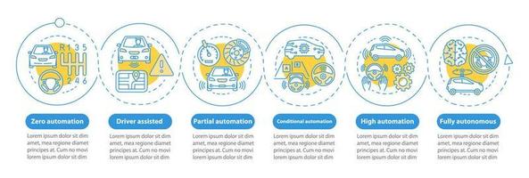 plantilla de infografía vectorial de etapas de coche sin conductor. elementos de diseño de presentación de negocios. visualización de datos con seis pasos y opciones. gráfico de línea de tiempo del proceso. diseño de flujo de trabajo con iconos lineales vector