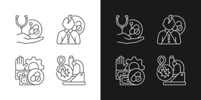 Drug-potency studies linear icons set for dark and light mode. Improving treatment. Side effects risk. Customizable thin line symbols. Isolated vector outline illustrations. Editable stroke