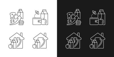 Poverty and hunger linear icons set for dark and light mode. No money for products. Increased prices. Customizable thin line symbols. Isolated vector outline illustrations. Editable stroke