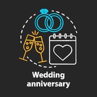 Wedding anniversary chalk concept icon. Marriage, engagement celebration date idea. Bridal party. Champagne, calendar and rings. Vector isolated chalkboard illustration