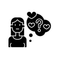 Doubting stage of relationship black glyph icon. Girl hesitating about her romantic life. Woman questioning love relations. Silhouette symbol on white space. Vector isolated illustration