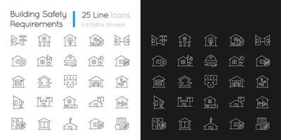 Building safety requirements linear icons set for dark and light mode. Standards for buildings design. Customizable thin line symbols. Isolated vector outline illustrations. Editable stroke