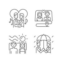 Couple quality time linear icons set. Spending free time as family. Romantic dates. Weekend with partner. Customizable thin line contour symbols. Isolated vector outline illustrations. Editable stroke