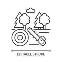 Working forest linear icon. Tree cutting industrial area. Timber industry. Forestry business. Thin line customizable illustration. Contour symbol. Vector isolated outline drawing. Editable stroke