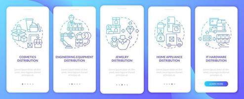 Choosing products for distribution tips onboarding mobile app page screen. Wholesale walkthrough 5 steps graphic instructions with concepts. UI, UX, GUI vector template with linear color illustrations