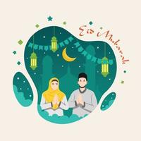 feliz ramadan kareem con ilustraciones saludando a parejas musulmanas vector