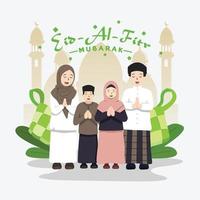 feliz familia musulmana juntos celebrando eid, tarjeta de felicitación vector