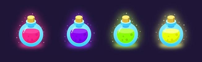 conjunto de botellas con pociones mágicas. color de matraces mágicos en fondo oscuro. ilustraciones vectoriales. vector