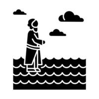 Jesus walking on water glyph icon. Miracles of Jesus Christ. Savior on water surface offering open hand and waching to heaven. Silhouette symbol. Negative space. Vector isolated illustration