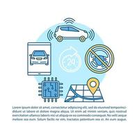 Driverless taxi article page vector template. Self driving vehicle. Autonomous automobile. Brochure, magazine, booklet design element with linear icons and text. Print design. Concept illustrations