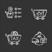 Trading chalk icons set. Marketing research. Best seller list, sell analytics, sales tax ID, dropshipping. Business organization. Product promotion. Isolated vector chalkboard illustrations