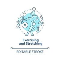 Exercising and stretching blue concept icon. Work out for physical rehabilitation. Physiotherapy abstract idea thin line illustration. Vector isolated outline color drawing. Editable stroke