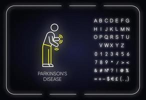 Parkinson's disease neon light icon. Movement difficulty. Shaking, rigidity. Parkinsonian syndrome. Mental health issue. Glowing sign with alphabet, numbers and symbols. Vector isolated illustration