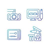 Dental devices gradient linear vector icons set. Lightening oral cavity. Intraoral camera. UV sterilizer box. Thin line contour symbols bundle. Isolated outline illustrations collection