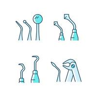 Teeth repairing treatment RGB color icons set. Periodontal procedure. Examining patient oral cavity. Tooth extraction instruments. Isolated vector illustrations. Simple filled line drawings collection