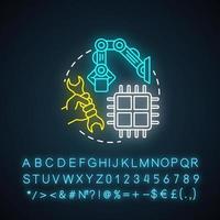 icono de concepto de luz de neón de robótica industrial. idea de tecnología de construcción. tipos de robots, clasificación. construcción de máquinas informáticas. signo brillante con alfabeto,. ilustración vectorial aislada vector