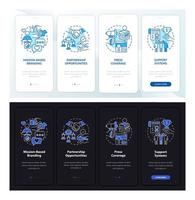 Social enterprise perks dark, light onboarding mobile app page screen. Walkthrough 4 steps graphic instructions with concepts. UI, UX, GUI vector template with linear night and day mode illustrations